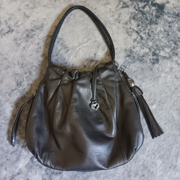 VTG Brighton Dark Gray Stud Leather Shoulder Hobo Bag W/Big Side Charm E736182 - Picture 2 of 12